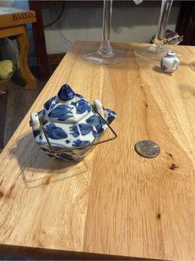 Pier 1 Blue and White Porcelain Mini Teapot with Metal Bail
